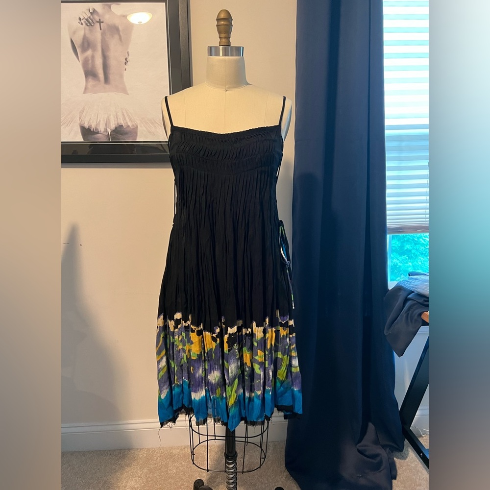 FREE PEOPLE FP One Imperial Palm Pintuck Dress Lace Up Sides Gauzy size Small